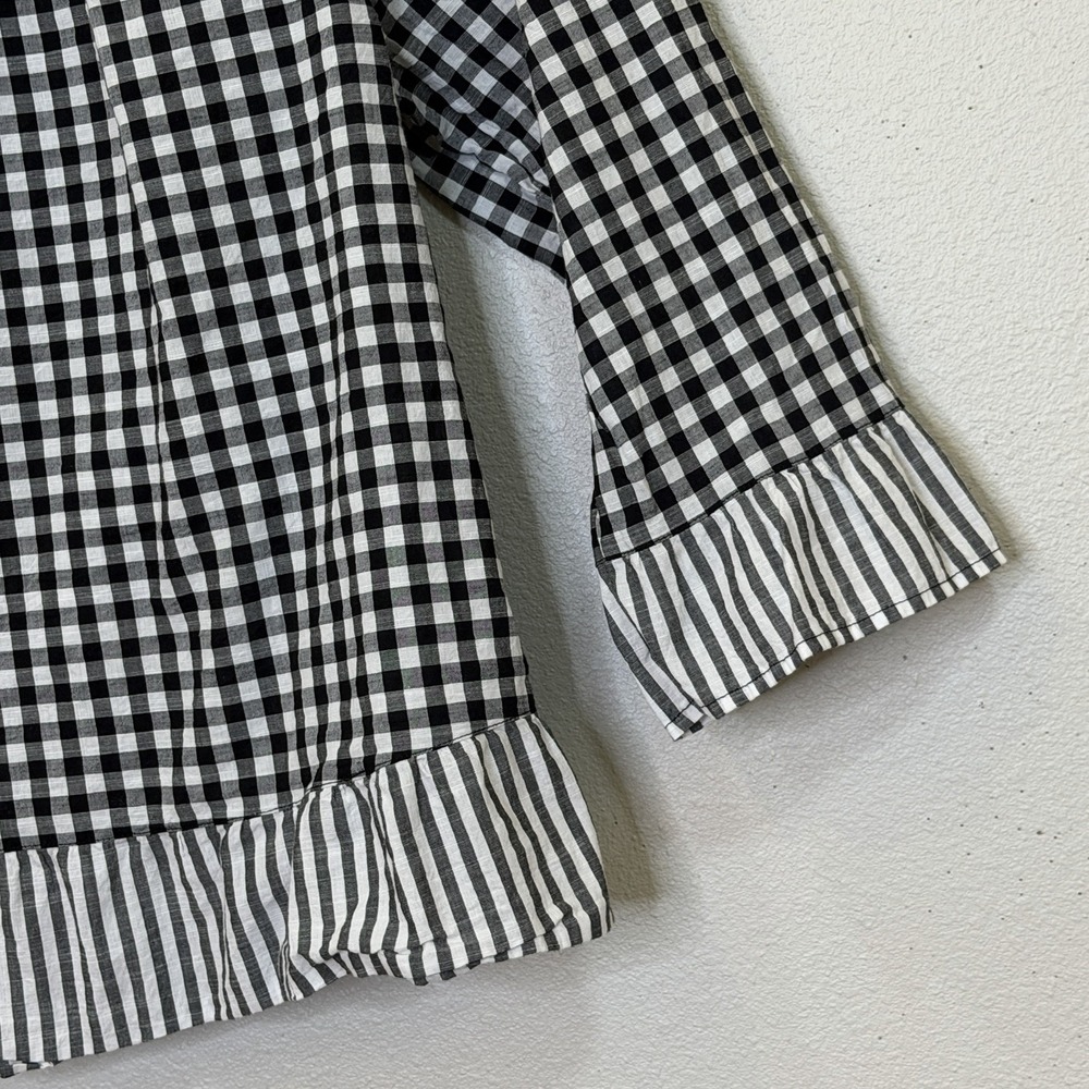 CJ Banks Peasant Top 1X Black Gingham Check 3/4 Sleeve Elastic Boat Neck Cotton - Picture 4 of 8